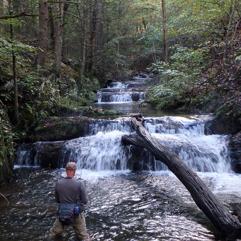 a fly fishing angler fishing a native brook trout stream with a waterfall in front of him and beautiful green trees and bushes on the sides of the stream